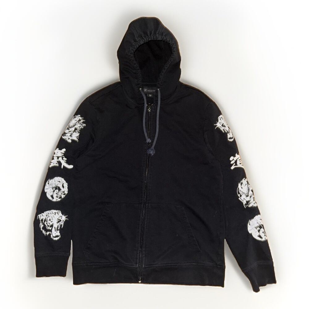 INC International Concepts Full Zip Hoodie Black Tiger Dragon Embroidered 20x25